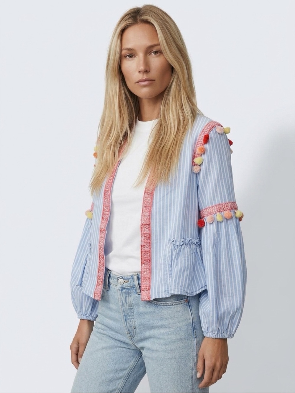 Light Blue Open Top/Cover-up/Tunic with Pom-Pom Trim & Coral/Yellow Appliqué